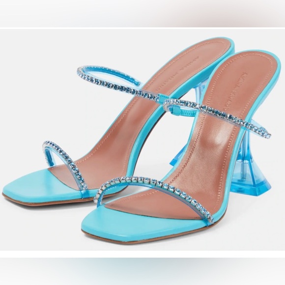 Amina Muaddi Gilda Glass Aqua Blue PVC Crystal Strap Mule Pumps - Picture 5 of 14